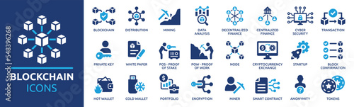 Blockchain technology icon set. Cryptocurrency icons element. Containing blockchain, node, distribution, decentralized finance, encryption, tokens, white paper and wallet icon collection.