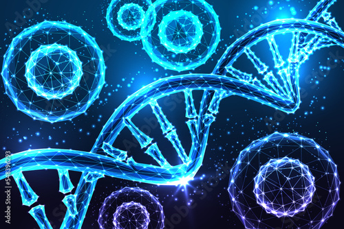 Abstract regenerative medicine futuristic concept with glowing stem cells and DNA spiral molecule
