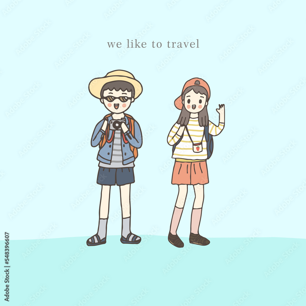 boy and girl are tourist, freehand drawn style boy and girl are tourist, freehand drawn style