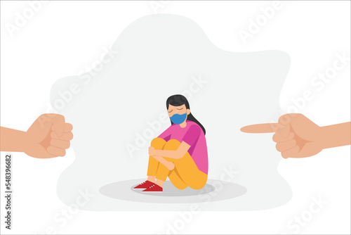 Bullying vector concept: People blaming young woman infected a virus while sitting with face mask