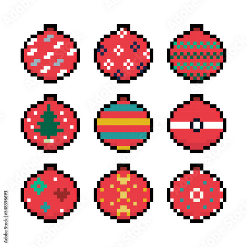 Pixel round decor for christmas tree, set of ornament symbols