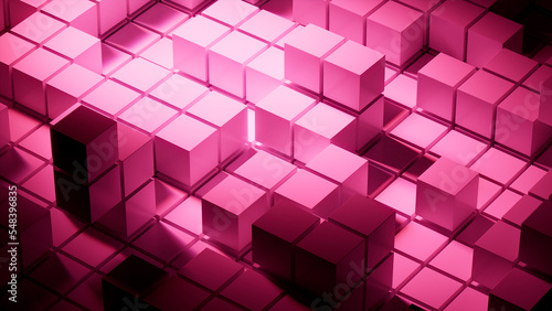 Hot Pink and Black, Glossy Cubes Neatly Constructed to create a Innovative Tech Background. 3D Render.