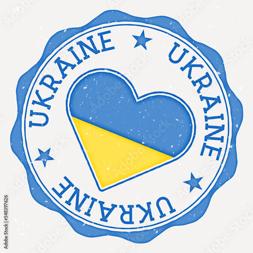 Ukraine heart flag logo. Country name text around Ukraine flag in the shape of a heart. Charming vector illustration.