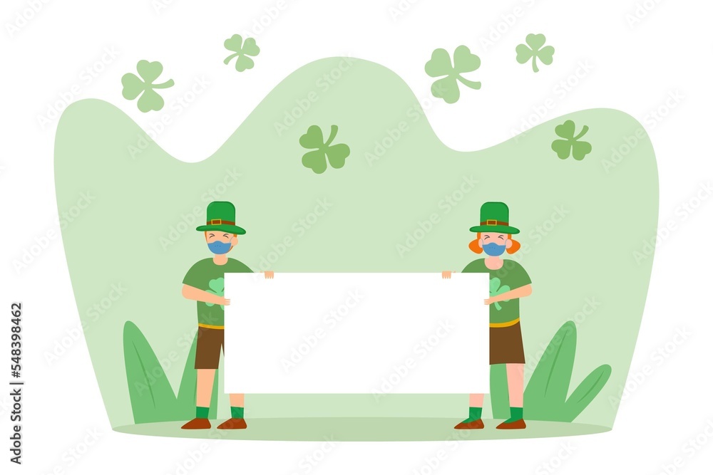 Fototapeta premium Saint Patricks day cartoon character holding empty copy space