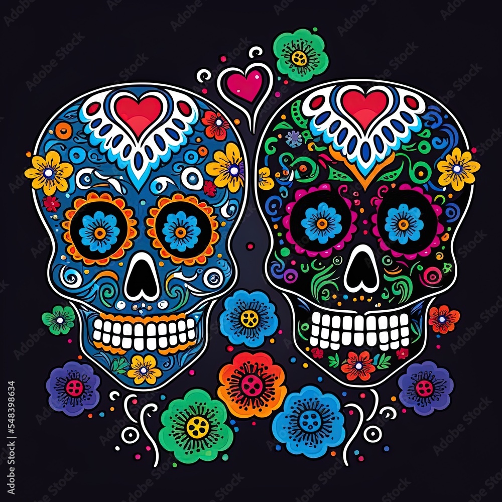 Mexican Day Of The Dead Concept With Colorful And Monochrome Style Sugar Skulls With Hearts And Floral Ornament Illustration, Mexican Day Of The Dead Concept With Colorful And Monochrome Style Sugar Skulls With Hearts And Floral Ornament Illustration,