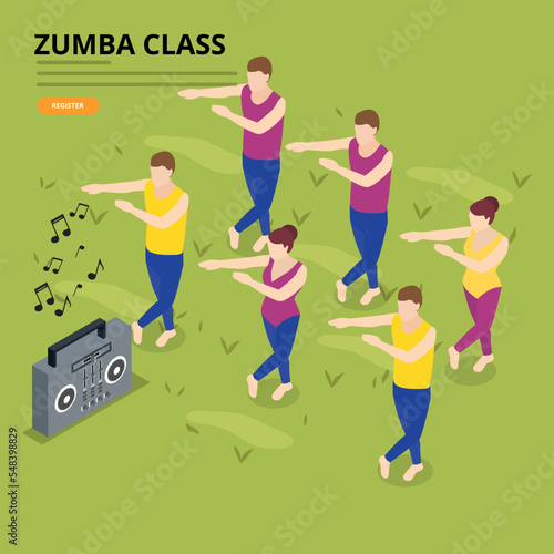 Zumba class with a group of people doing exercise with a radio at the park 3d isometric