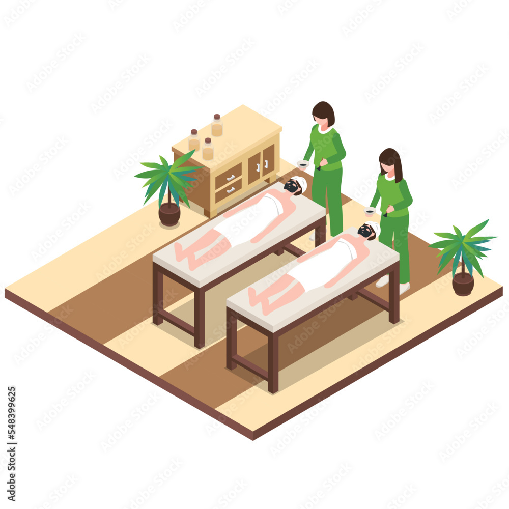 Cosmetologist applying black mask on pretty woman face 3d isometric Cosmetologist applying black mask on pretty woman face 3d isometric
