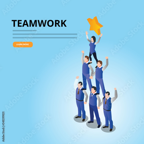 Success business teamwork with people holding a star 3d isometric