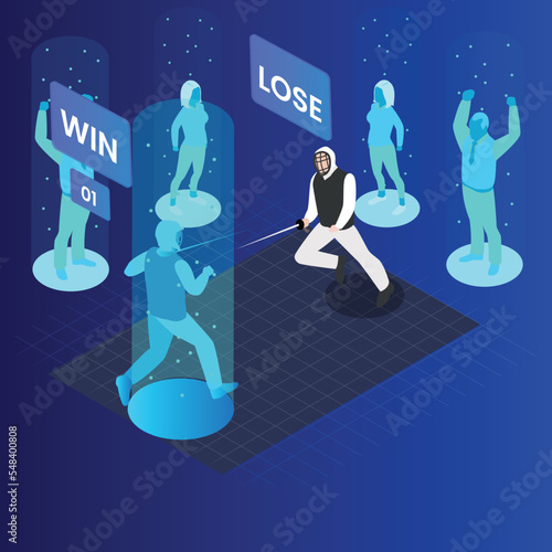 Metaverse fencing fight virtual game isometric vector illustration