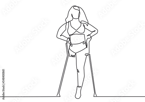 Disabled Girl Continuous Line Drawing. Woman Body. Female Figure without a Leg Line Vector Illustration for Design. Female Body Creative Drawing in Modern Linear Style