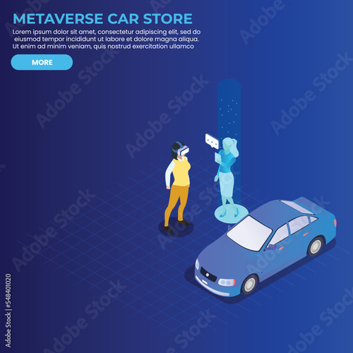 Shopping for a new car in a metaverse virtual reality store 3d isometric