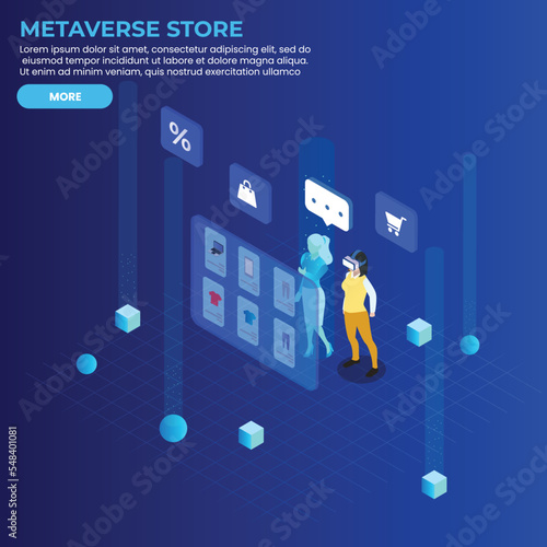 Women virtual reality shopping in metaverse store 3d isometric