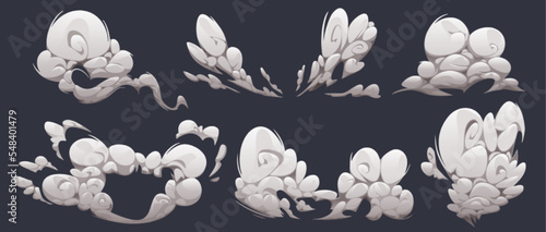 Set of cartoon smoke clouds isolated on dark background. Vector illustration of abstract curled flows of dust, fume or steam puff after explosion. Vapour, mist or fog effect. Comic game design element