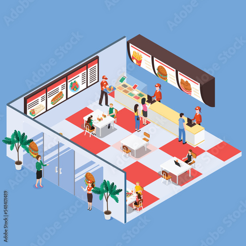 Fast food restaurant interior 3d isometric vector illustration concept