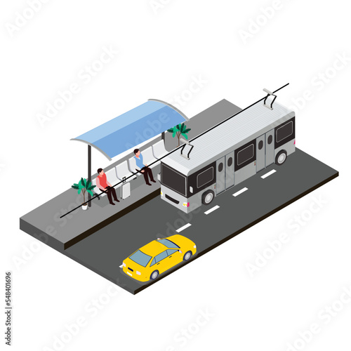 Electric bus stop isometric 3d vector concept