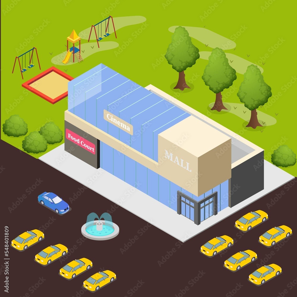 Shopping mall exterior with kids playground 3d isometric