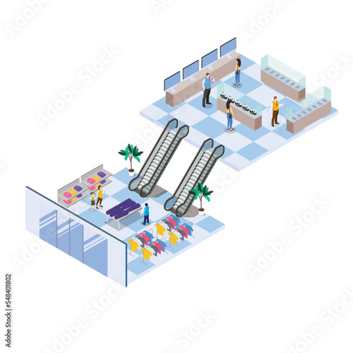 Shopping mall interior 3d isometric vector illustration concept