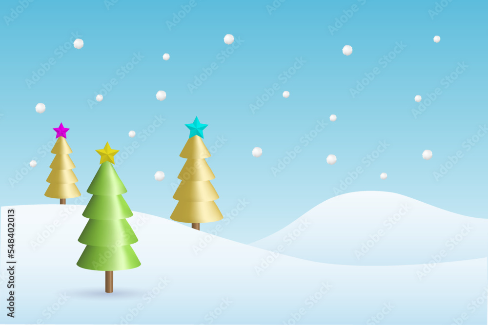 Christmas trees with falling snow background. Season greetings and happy New Year festive celebration. 3D vector.