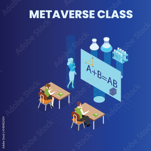 Metaverse virtual class learning math and chemistry 3d isometric vector illustration concept