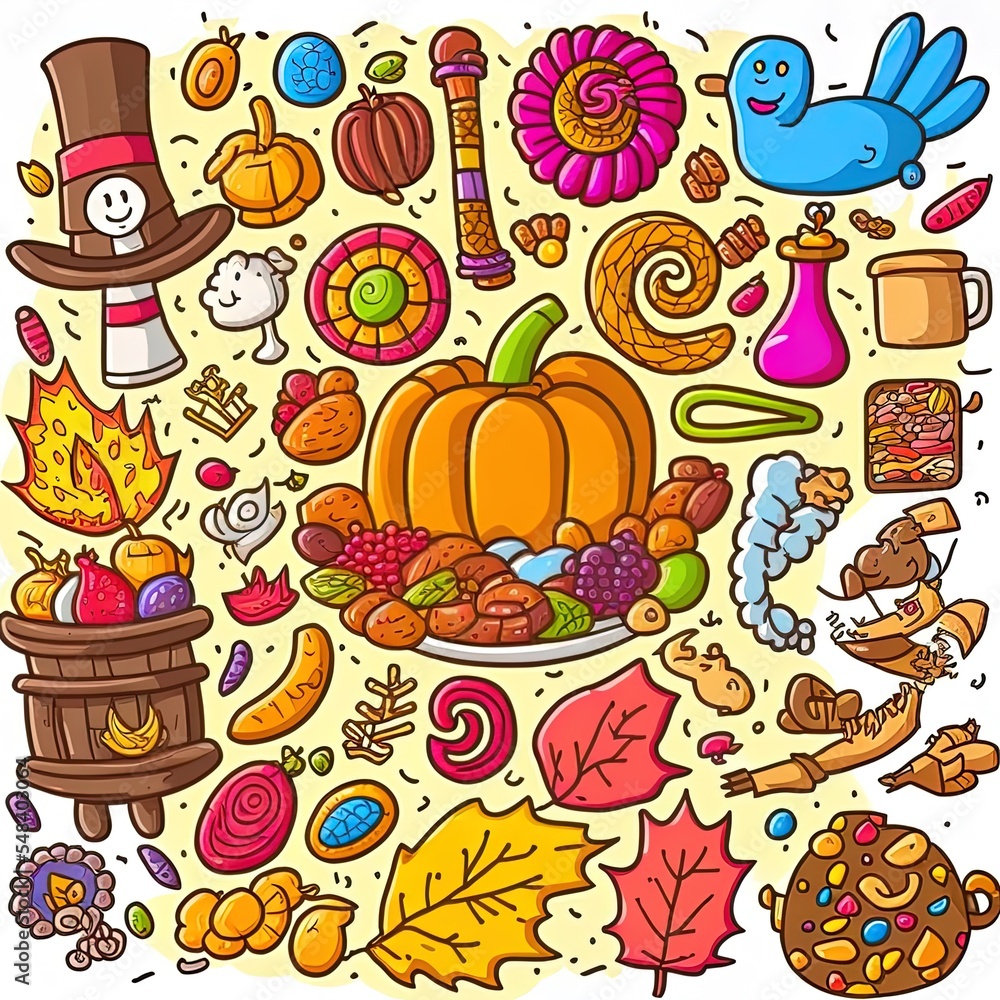 illustration of thanksgiving doodles, clip art, cartoon elements