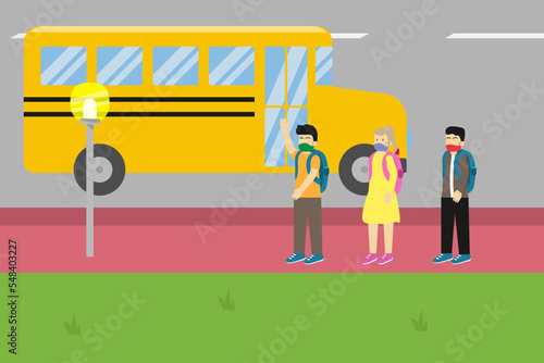 Back to school vector concept. Group of high school students carrying backpack while queuing to enter the school bus