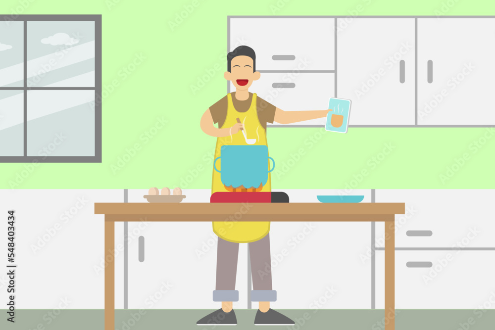Man cooking while watching tutorial video on smart phone Man cooking while watching tutorial video on smart phone