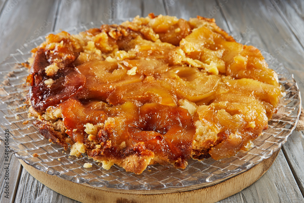 Pie baked with apricots on transparent plate Pie baked with apricots on transparent plate