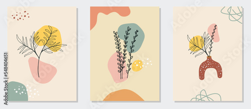 A set of abstract flowers, leaves, vases with a choice of soft colors in a frame, decorated with geometric shapes, contemporary art style. Suitable for home, room, bedroom, or wall decoration. © Rina Yunita