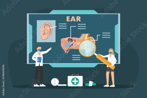 Ear problem vector concept: Young doctor examining patient's ear in the clinic