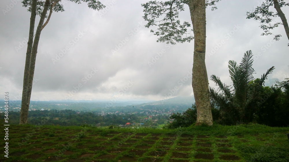 Fototapeta premium the view of the cloudy sky, trees, mountains and houses was photographed from above the hill