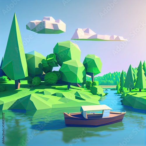 Obraz w ramie Low poly landscape river and boat