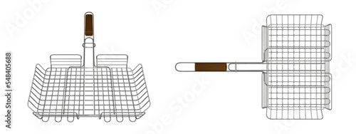 Bbq grid, grill basket, steel equipment for cooking on brazier or barbecue machine front and top view isolated on white background. Picnic tool with wooden handle, Realistic 3d vector illustration