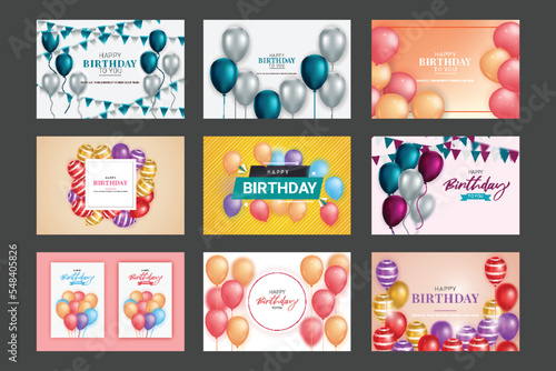 Birthday background set with realistic balloons and golden confetti Happy birthday greeting card set 