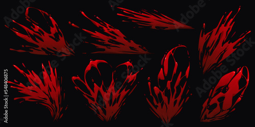 Set of blood or red paint splashes isolated on black background. Cartoon vector illustration of scarlett liquid substance spilled on surface. Collection of creepy stains for Halloween horror design photo