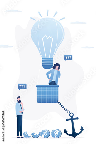 Balloon of new business project cannot take off, startup is holding big anchor. Lack of funding, poor planning, bad management. Business people thinking about overcoming obstacles.