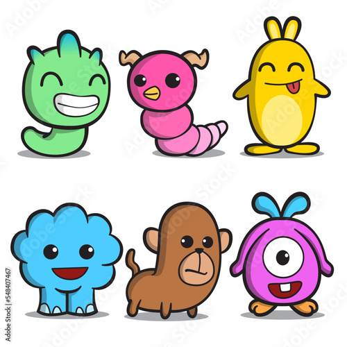 Doodle Monster Character Set Perfect for Game Avatar  with different eyes  wings  horns. Cheerful happy face emotions. Children hand drawn vector illustration for baby