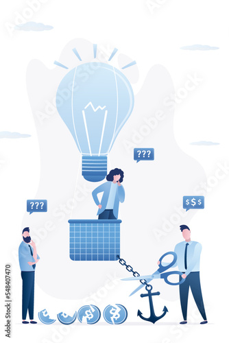 Balloon of new business project cannot take off, startup holding big anchor. Poor planning, bad management. Investor uses scissors and support startup. Funding, crowdfunding.