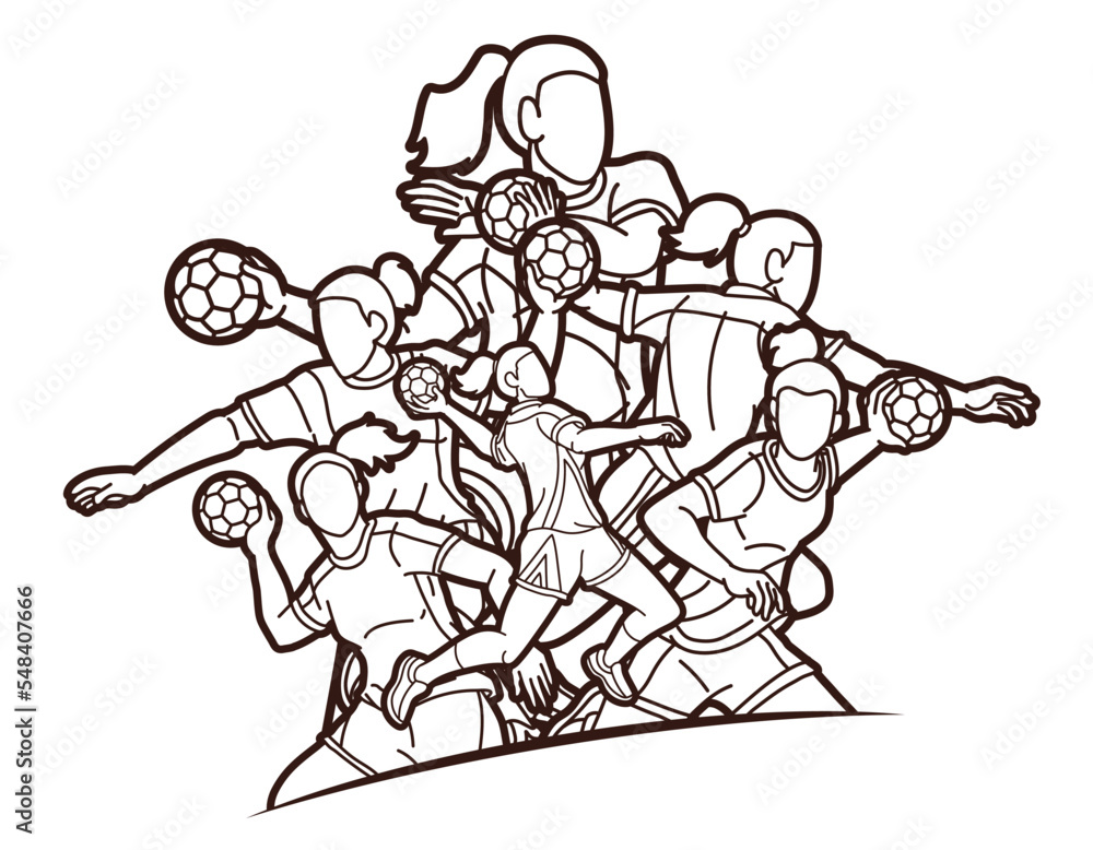 Obraz premium Group of Handball Players Female Mix Action Cartoon Sport Team Graphic Vector