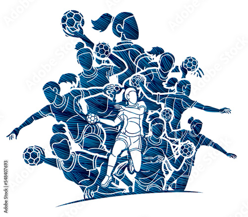 Group of Handball Players  Female Mix Action Cartoon Sport Team Graphic Vector