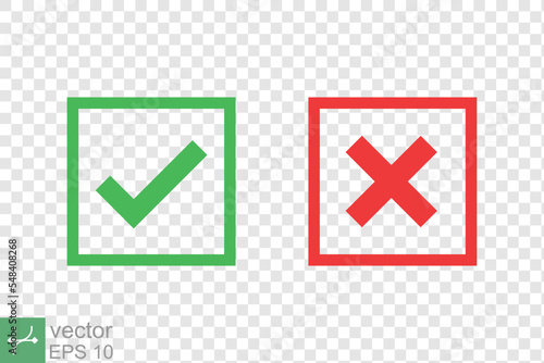 Checkmark cross icon. Simple flat style. Red x, green tick, check mark, right and wrong concept. Vector illustration isolated on transparent background. EPS 10.