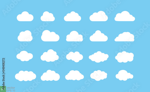 Cloud icon set. Simple flat style. Cartoon cloud in the sky, balloon, bubble, sticker concept. Vector illustration isolated on blue background. EPS 10.