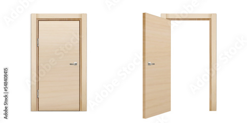 Close and open wooden doors with chrome handles, interior doorways, modern design elements isolated on white background. welcome, invitation to enter, new opportunity, Realistic 3d vector illustration