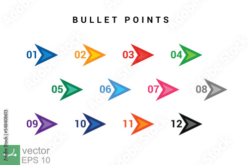 Direction number bullet points from one to twelve. Simple flat style. Number with arrow for list and tag infographic. Vector illustration isolated on white background. EPS 10.