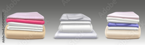 Clean clothes piles, folded shirts, dresses, sweaters and pants after laundry. Stacks of washed and ironed fabric, towels and apparel isolated on background, vector realistic illustration