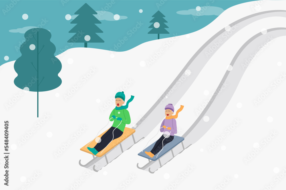 Winter holiday vector concept: Senior couple playing sledge together in the snowy hill while enjoying leisure time