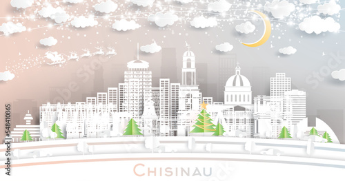 Chisinau Moldova. Winter City Skyline in Paper Cut Style with Snowflakes  Moon and Neon Garland.