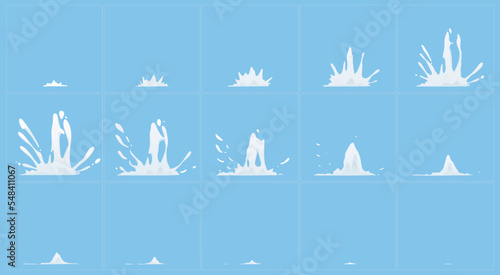 Animation sprite sheet of milk splashes isolated on blue background. Effect of shake, fall or explosion with splatter of water or white liquid paint, vector cartoon set