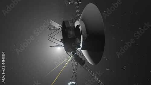 3D Animation of the Voyager space probe traveling through space with particles and sun in the background photo