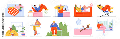 Set of people drink and relax at home, bar and outdoors. Lazy male and female characters lying on coach, bath tub sitting at table and street bench with coffee or tea, Linear flat vector illustration