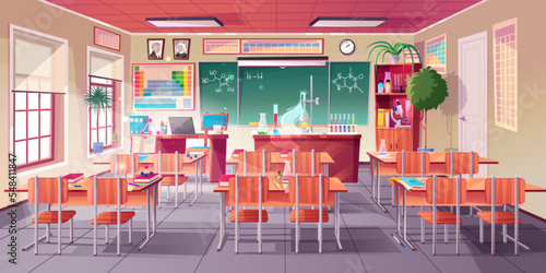 Chemistry cabinet, classroom laboratory interior with chemical formula on blackboard, beakers for experiments, student and teacher desks. Educational empty school room, cartoon vector illustration